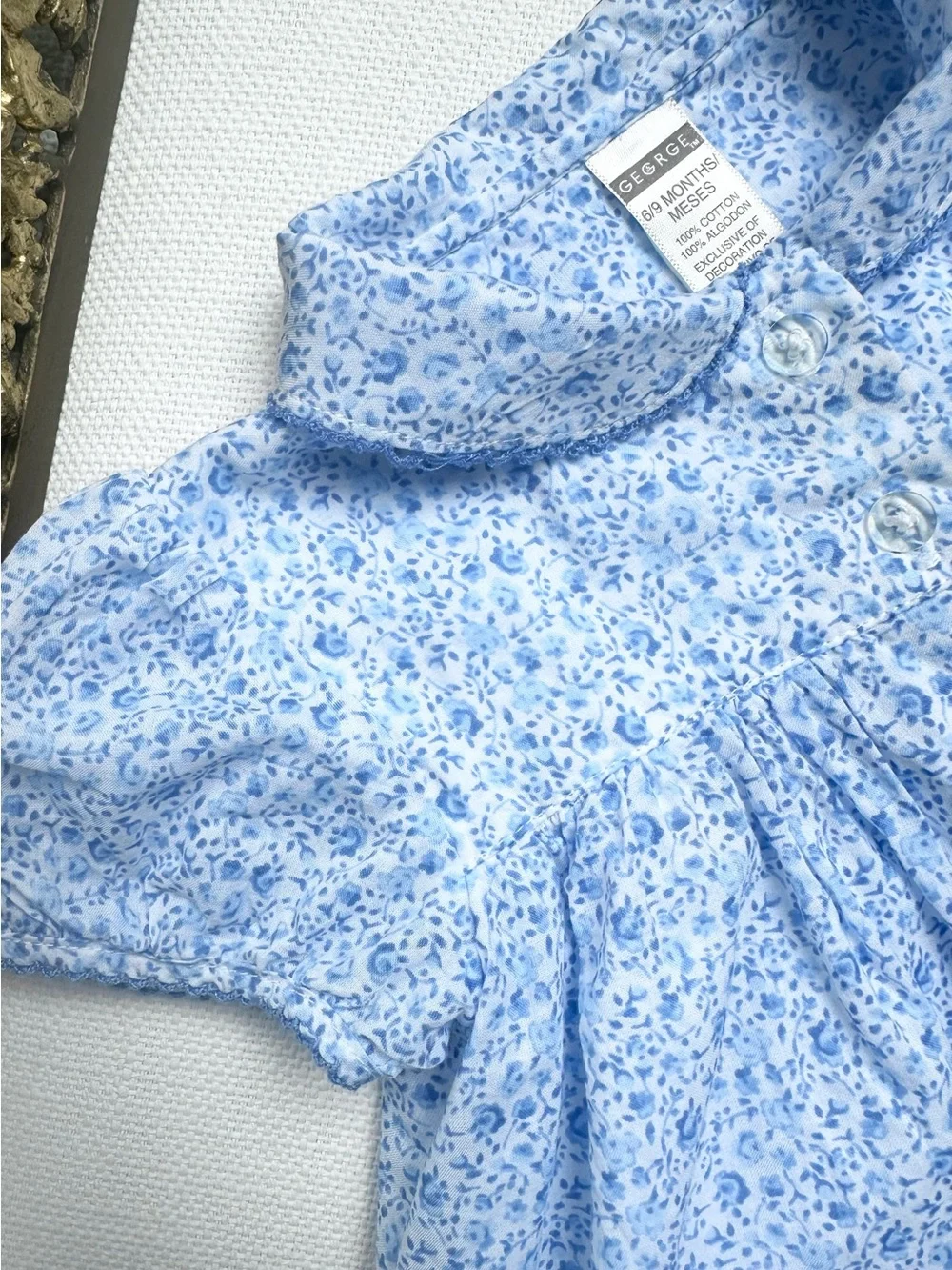 George Vintage Cottagecore Whimsy Blue Ditsy Floral Dress Set Size 6-9 Months